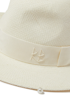 Pearl-Embellished Straw Fedora Hat